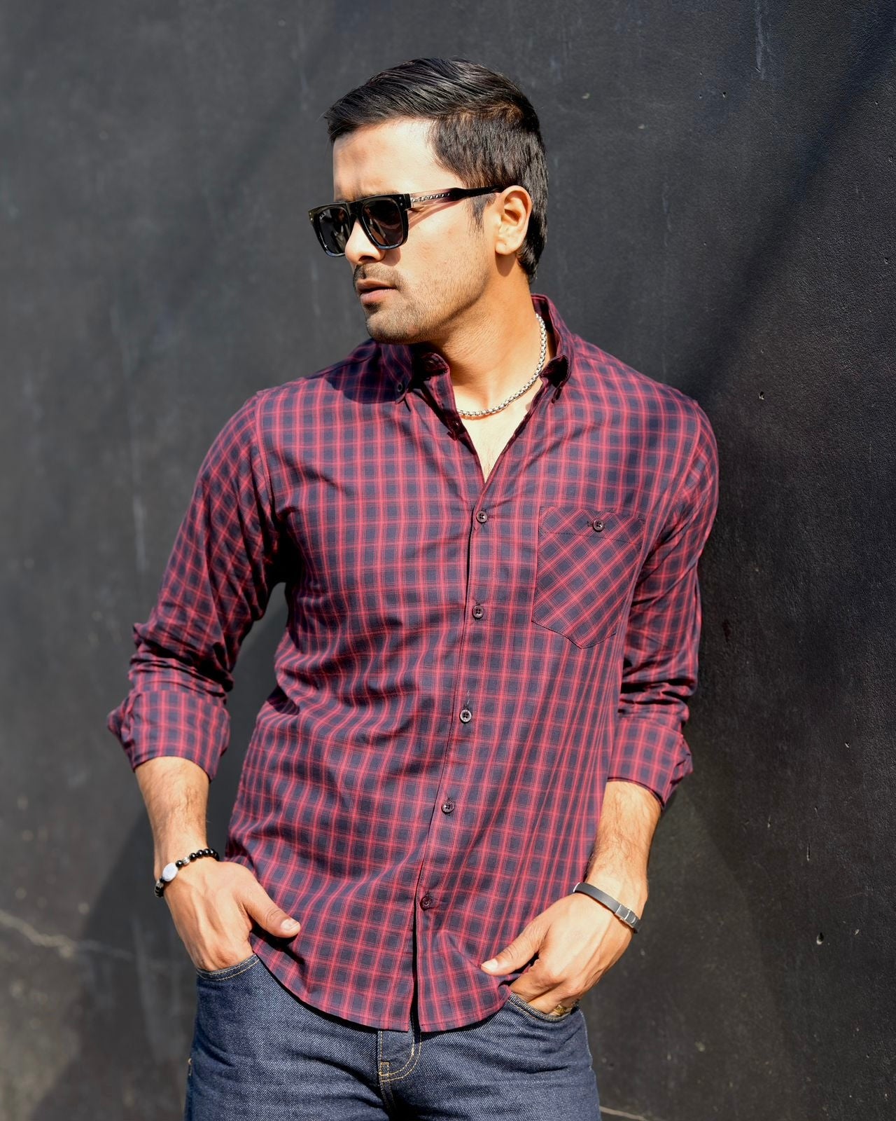 Men’s Crimson Grid Check Shirt 260