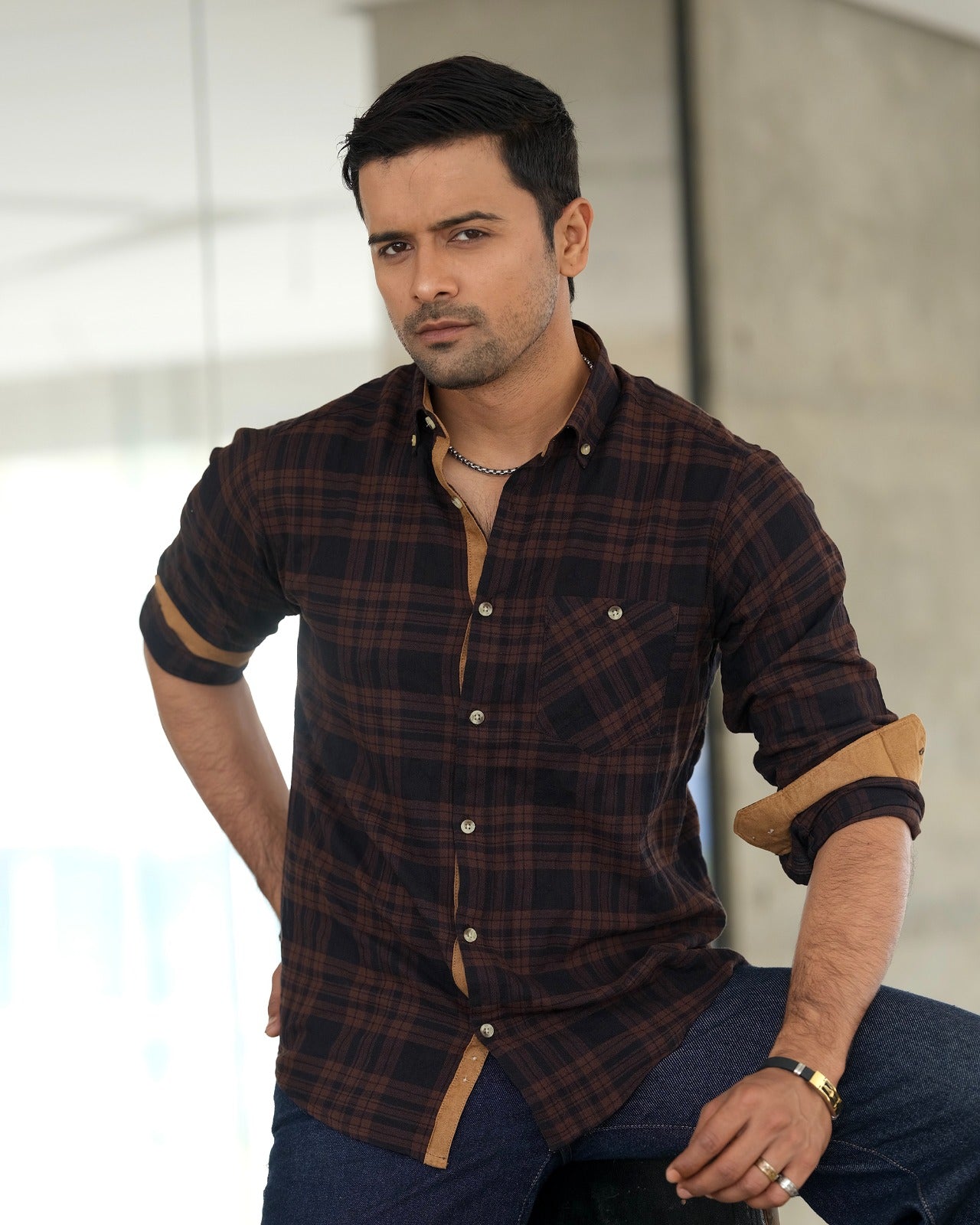 Mens Coffee-Brown checkered Shirt 248