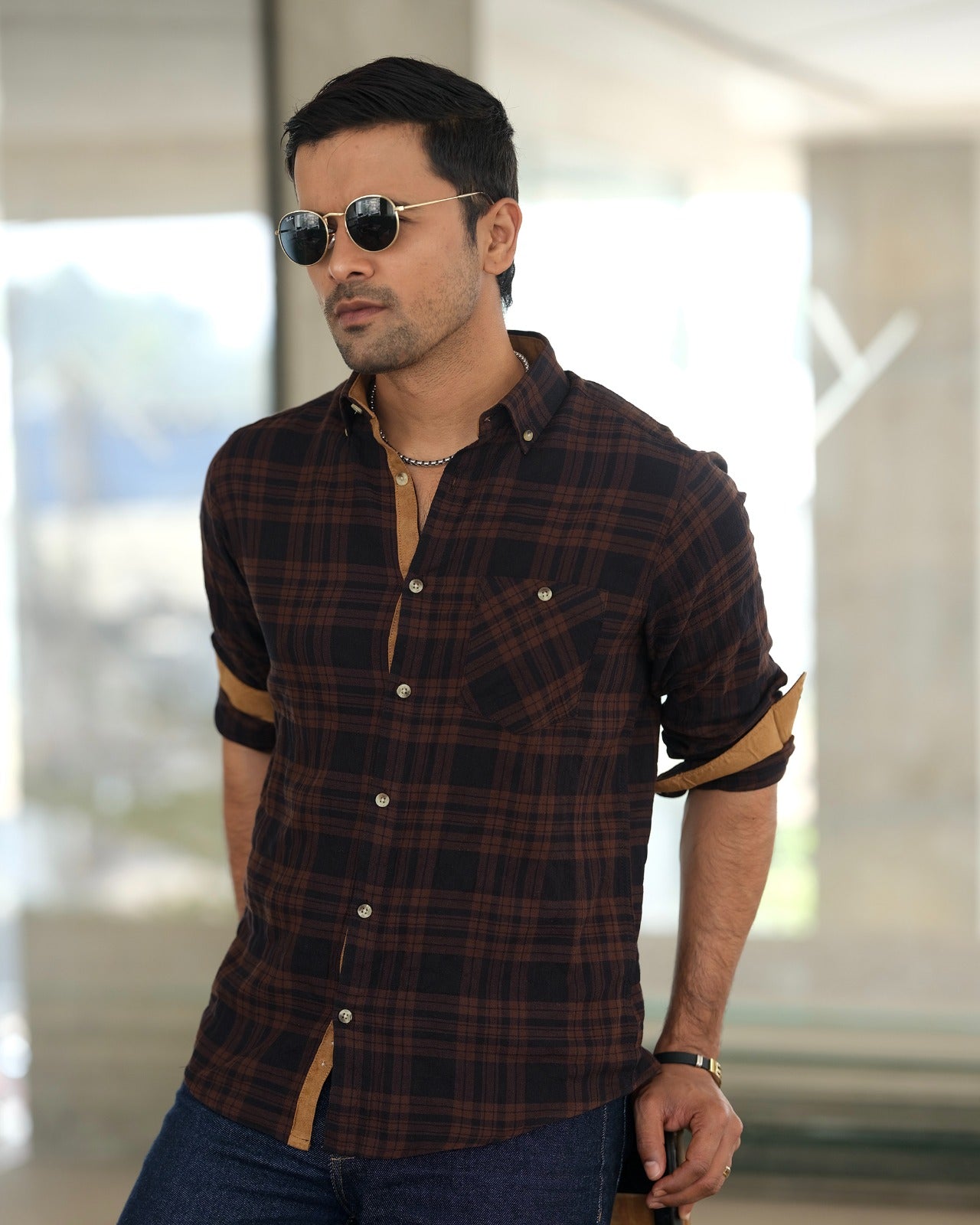 Mens Coffee-Brown checkered Shirt 248