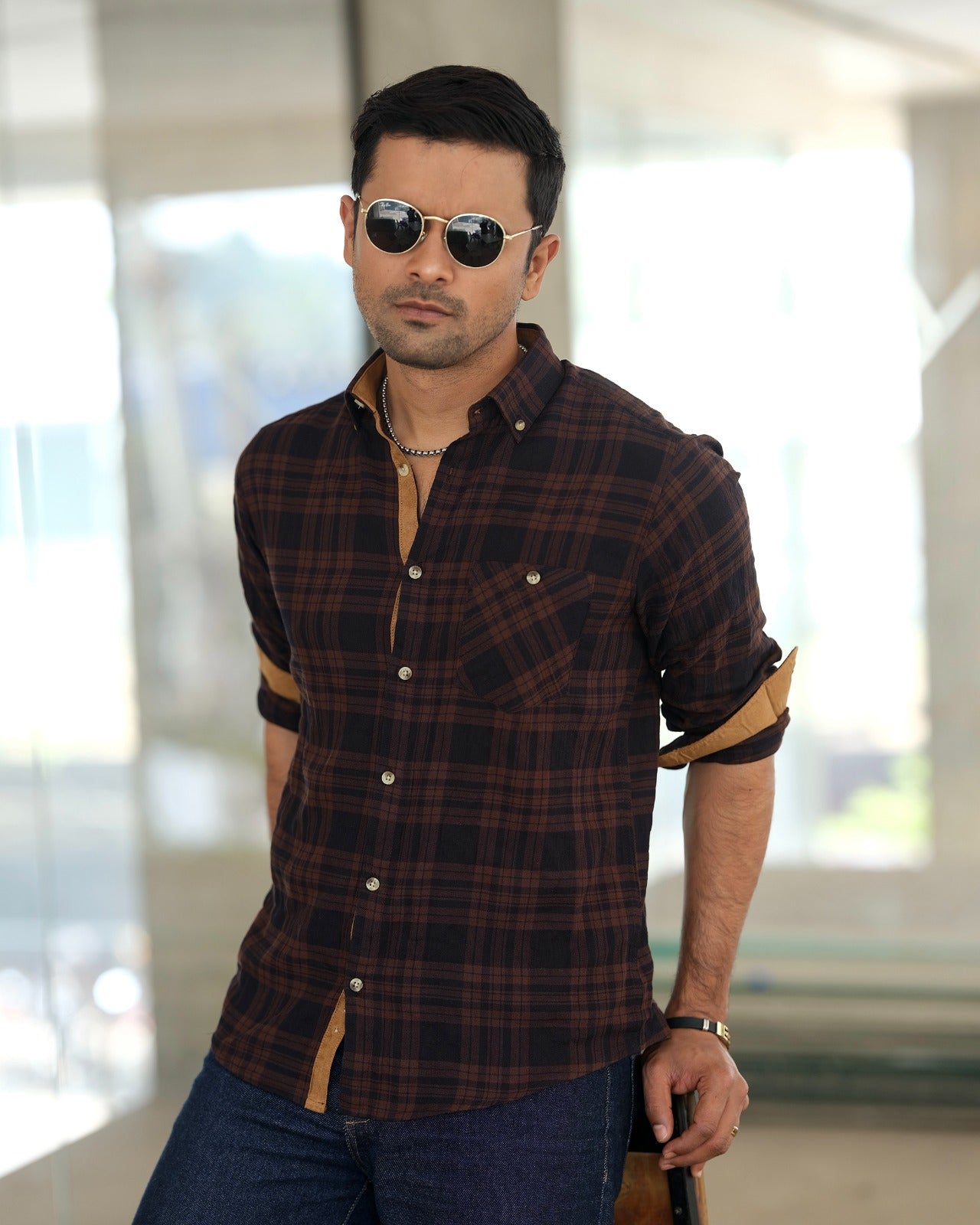 Mens Coffee-Brown checkered Shirt 248